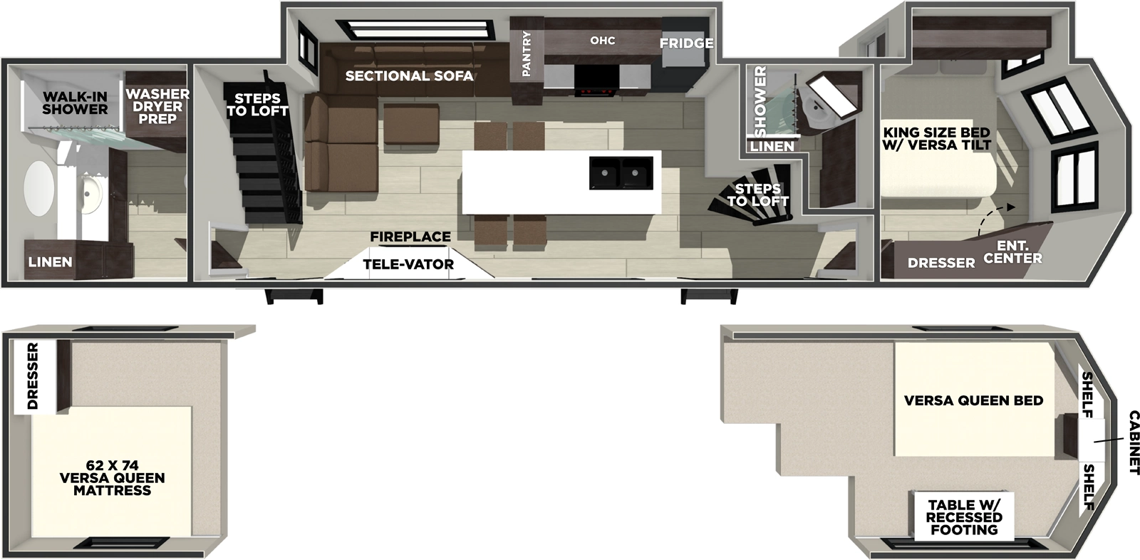 The Salem Villa 42ZEN floorplan has two entries and two slide outs. Exterior features include: fiberglass exterior and 11' & 15' awning. Interiors features include: loft, kitchen island, front bedroom and rear bathroom.